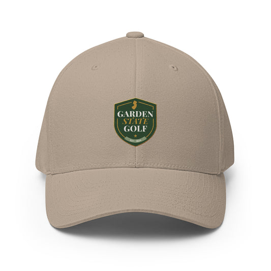 Garden State Golf Flexfit Cap in Khaki — front view with GSG emblem embroidery
