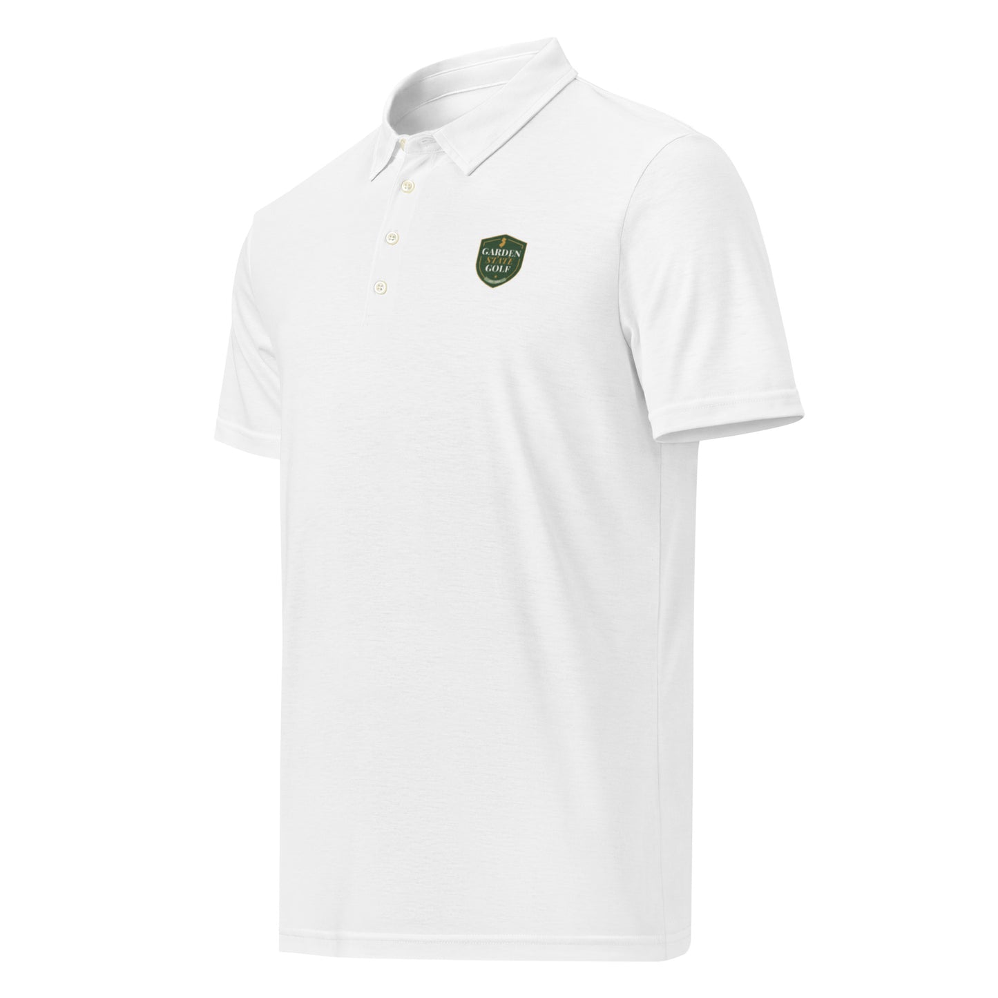 Garden State Golf Fairway Performance Polo in White — front view showing GSG emblem and polo collar
