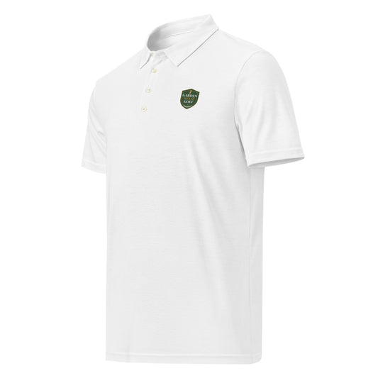 Garden State Golf Fairway Performance Polo in White — front view showing GSG emblem and polo collar