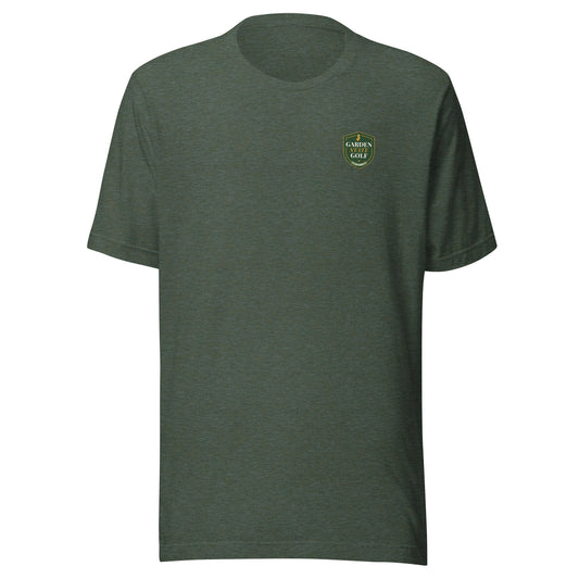 Garden State Golf Classic Tee in Heather Forest — front view with GSG emblem printed on chest