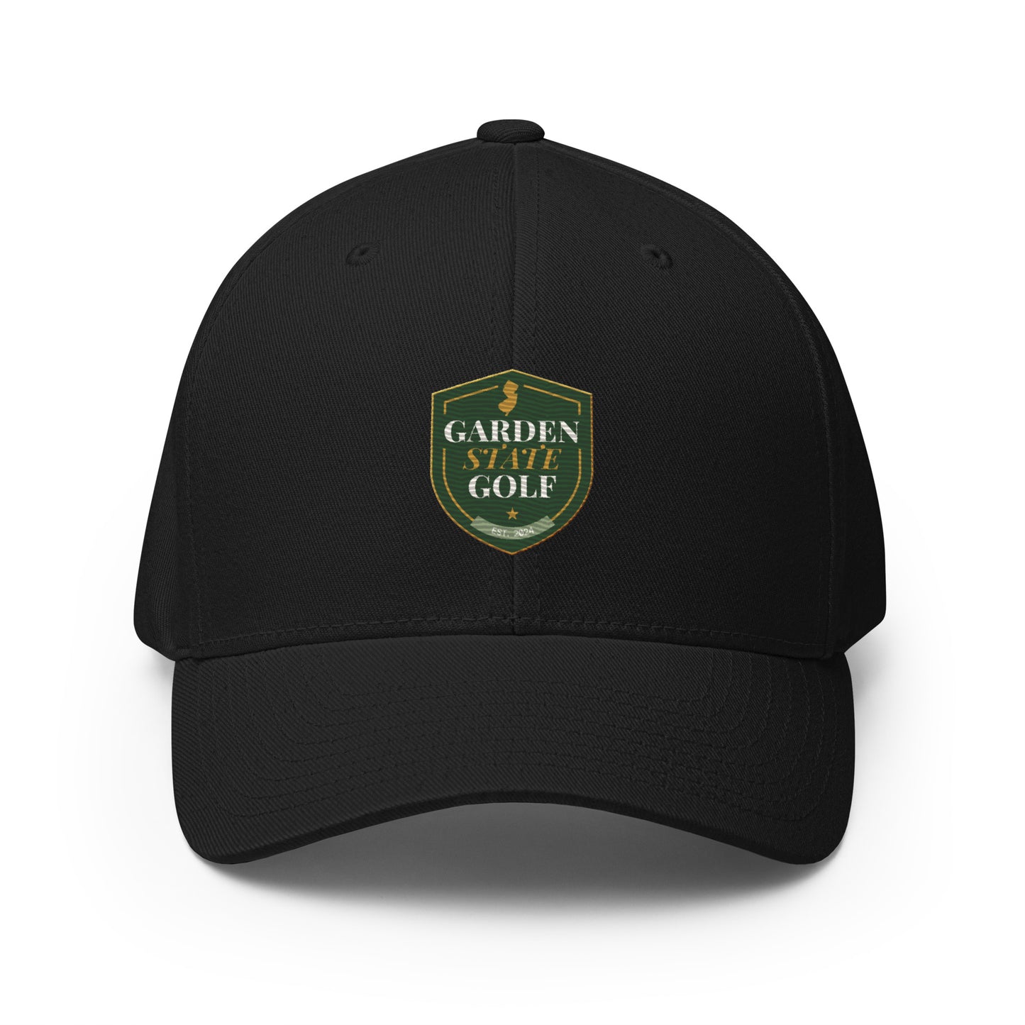 Garden State Golf Flexfit Cap in Black — front view with GSG emblem embroidery