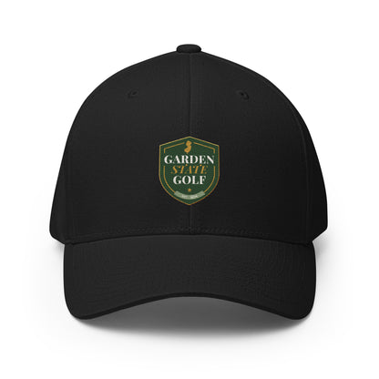 Garden State Golf Flexfit Cap in Black — front view with GSG emblem embroidery
