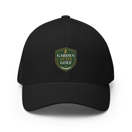 Garden State Golf Flexfit Cap in Black — front view with GSG emblem embroidery