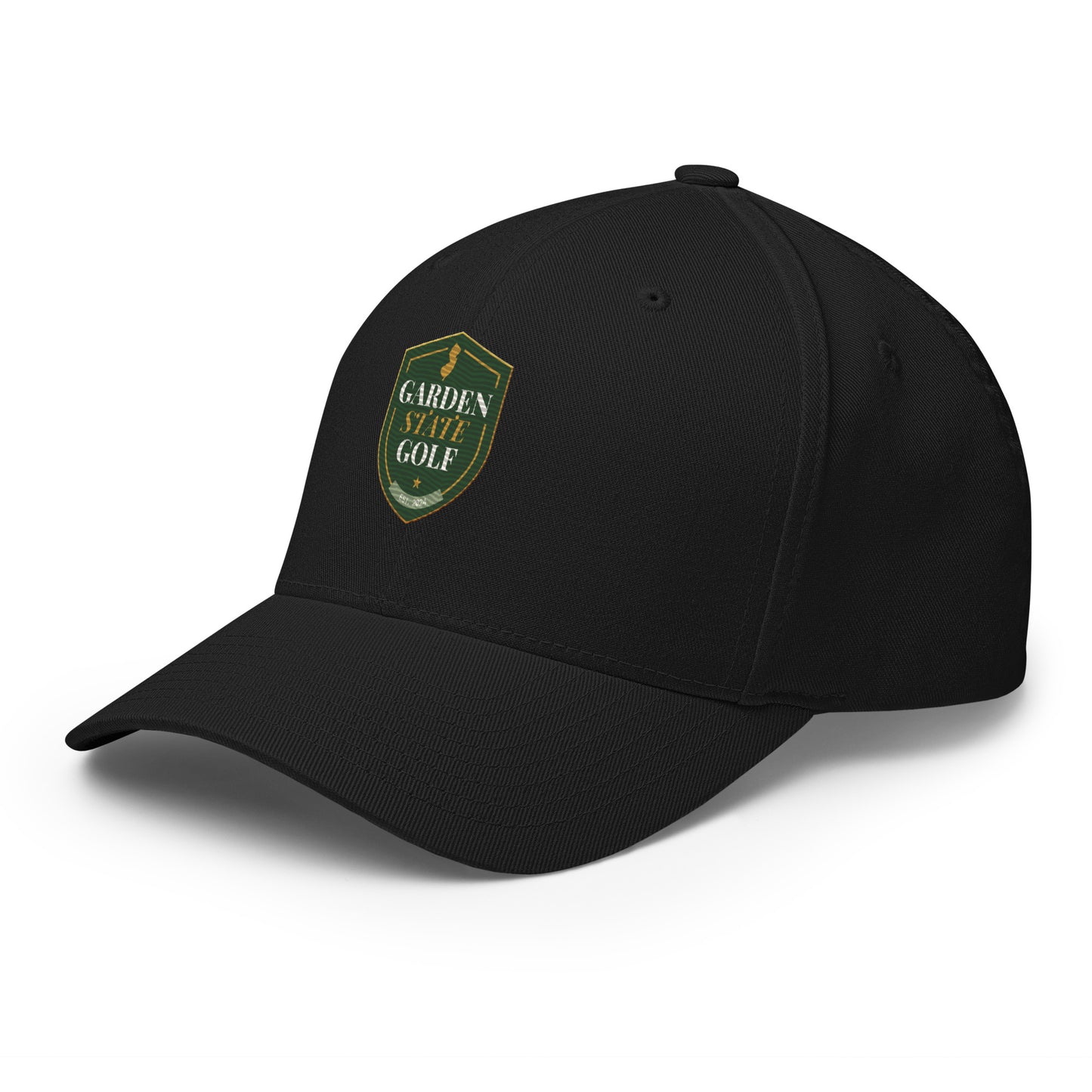 Garden State Golf Flexfit Cap in Black — three-quarter left side view