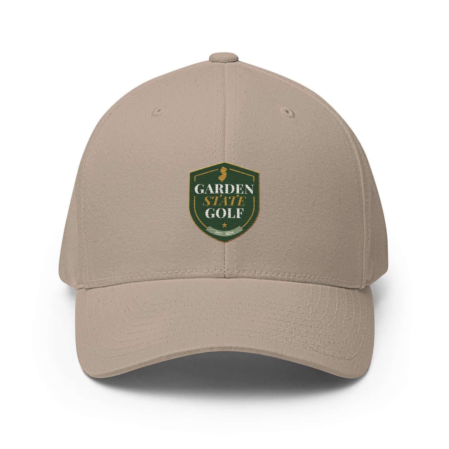 Garden State Golf Flexfit Cap in Khaki — front view with GSG emblem embroidery