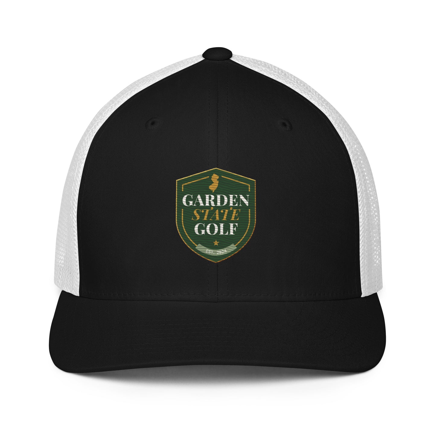 Garden State Golf Trucker Hat in Black and White — front view with GSG emblem embroidery