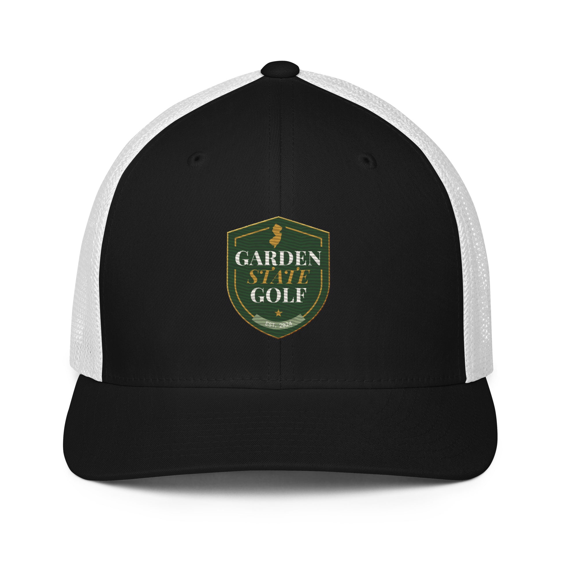 Garden State Golf Trucker Hat in Black and White — front view with GSG emblem embroidery