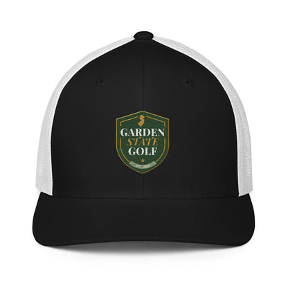 Garden State Golf Trucker Hat in Black and White — front view with GSG emblem embroidery