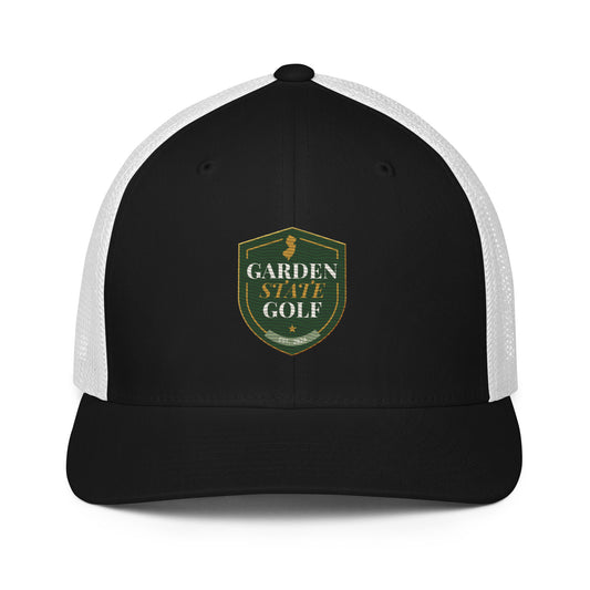Garden State Golf Trucker Hat in Black and White — front view with GSG emblem embroidery