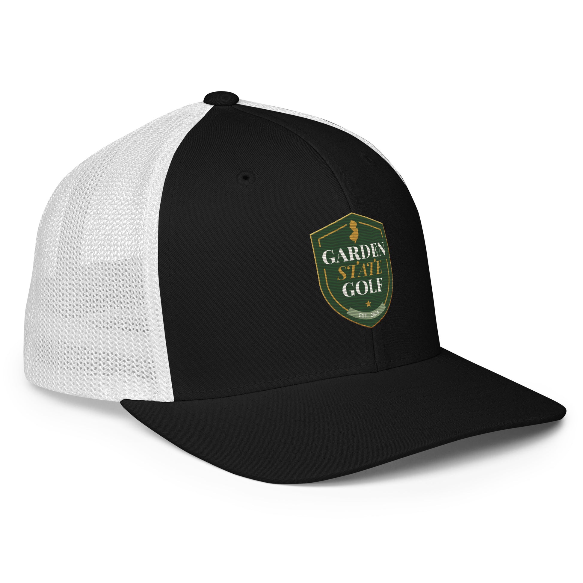 Garden State Golf Trucker Hat in Black and White — right side angle showing mesh back panel
