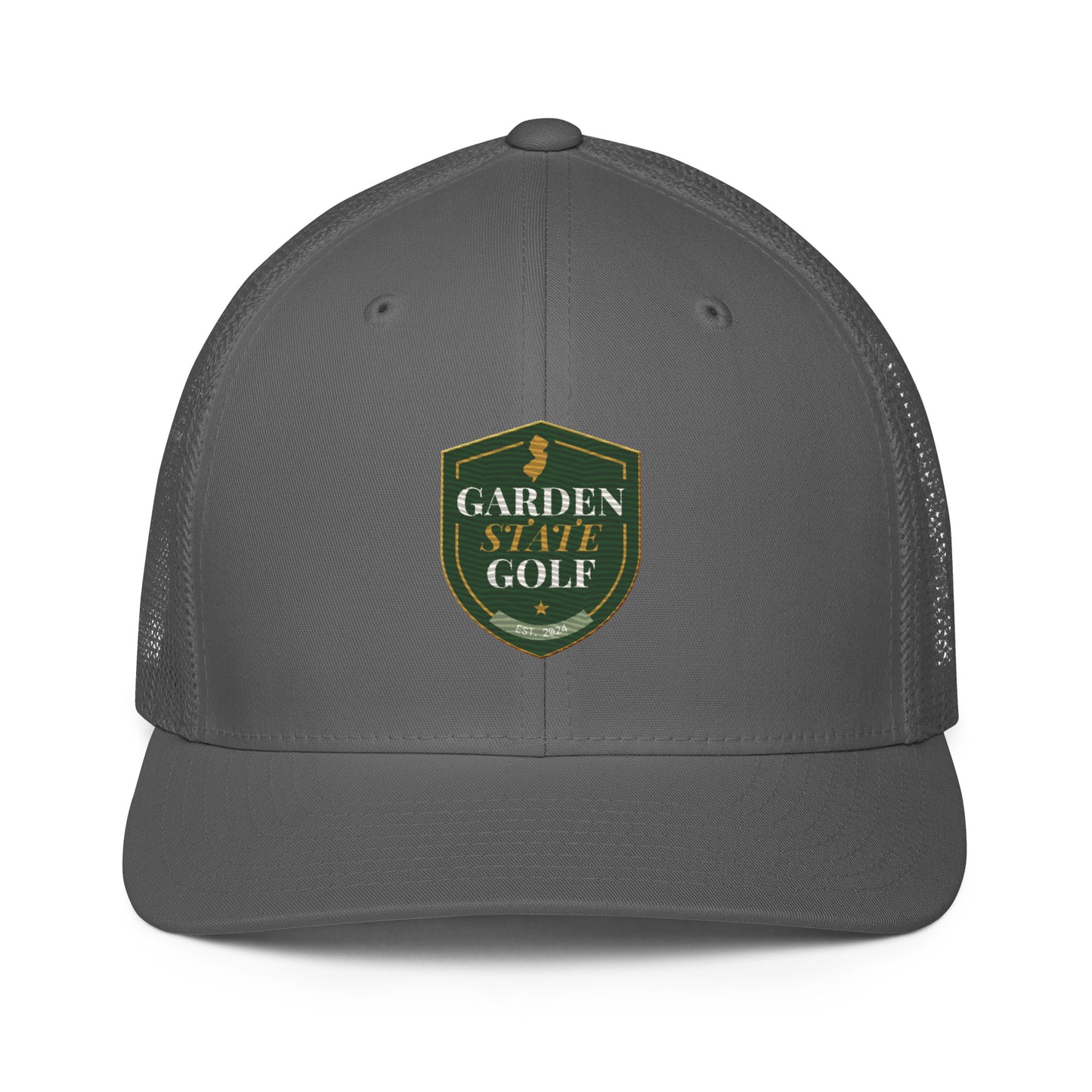 Garden State Golf Trucker Hat in Charcoal — front view with GSG emblem embroidery