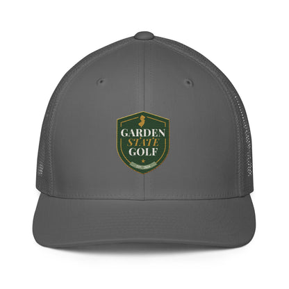 Garden State Golf Trucker Hat in Charcoal — front view with GSG emblem embroidery