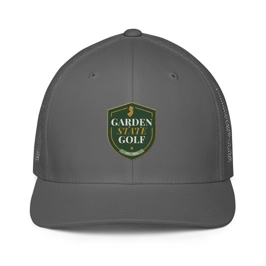Garden State Golf Trucker Hat in Charcoal — front view with GSG emblem embroidery
