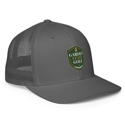 Garden State Golf Trucker Hat in Charcoal — right side angle showing mesh back panel