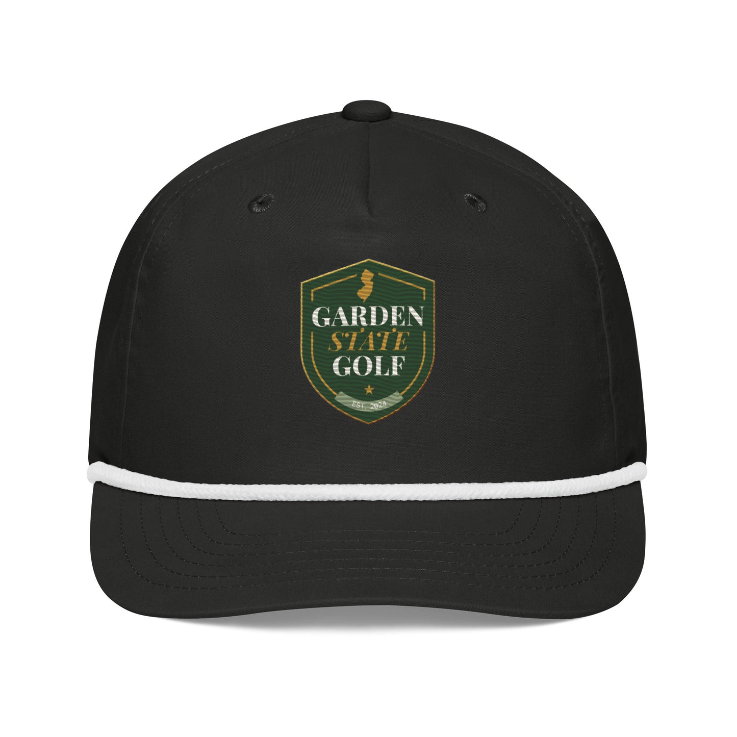 Garden State Golf Jersey Rope Cap in Black and White — front view with GSG emblem