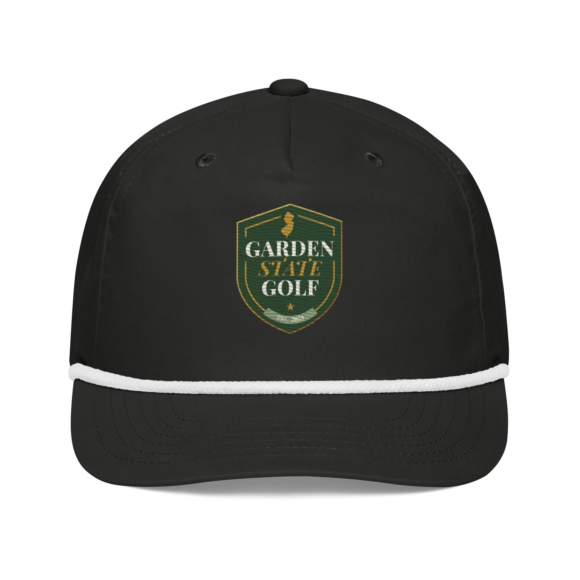 Garden State Golf Jersey Rope Cap in Black and White — front view with GSG emblem