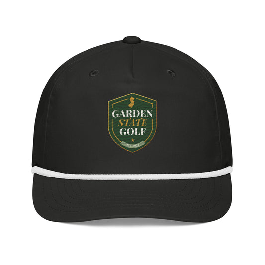 Garden State Golf Jersey Rope Cap in Black and White — front view with GSG emblem