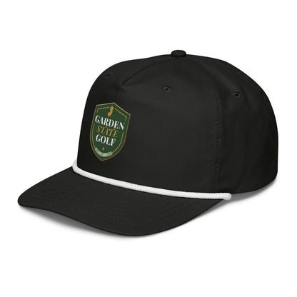 Garden State Golf Jersey Rope Cap in Black and White — side angle view showing rope detail