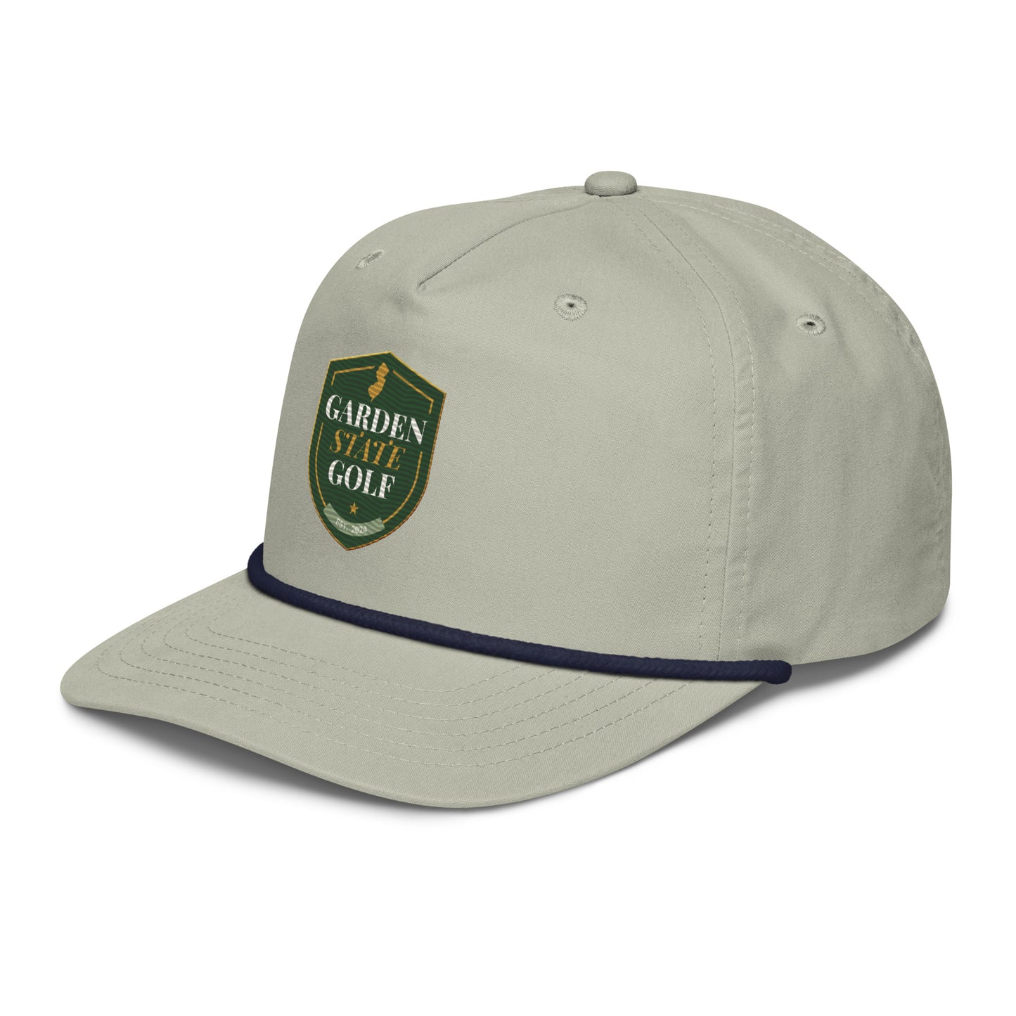 Garden State Golf Jersey Rope Cap in Light Gray and Navy — side angle view showing rope detail
