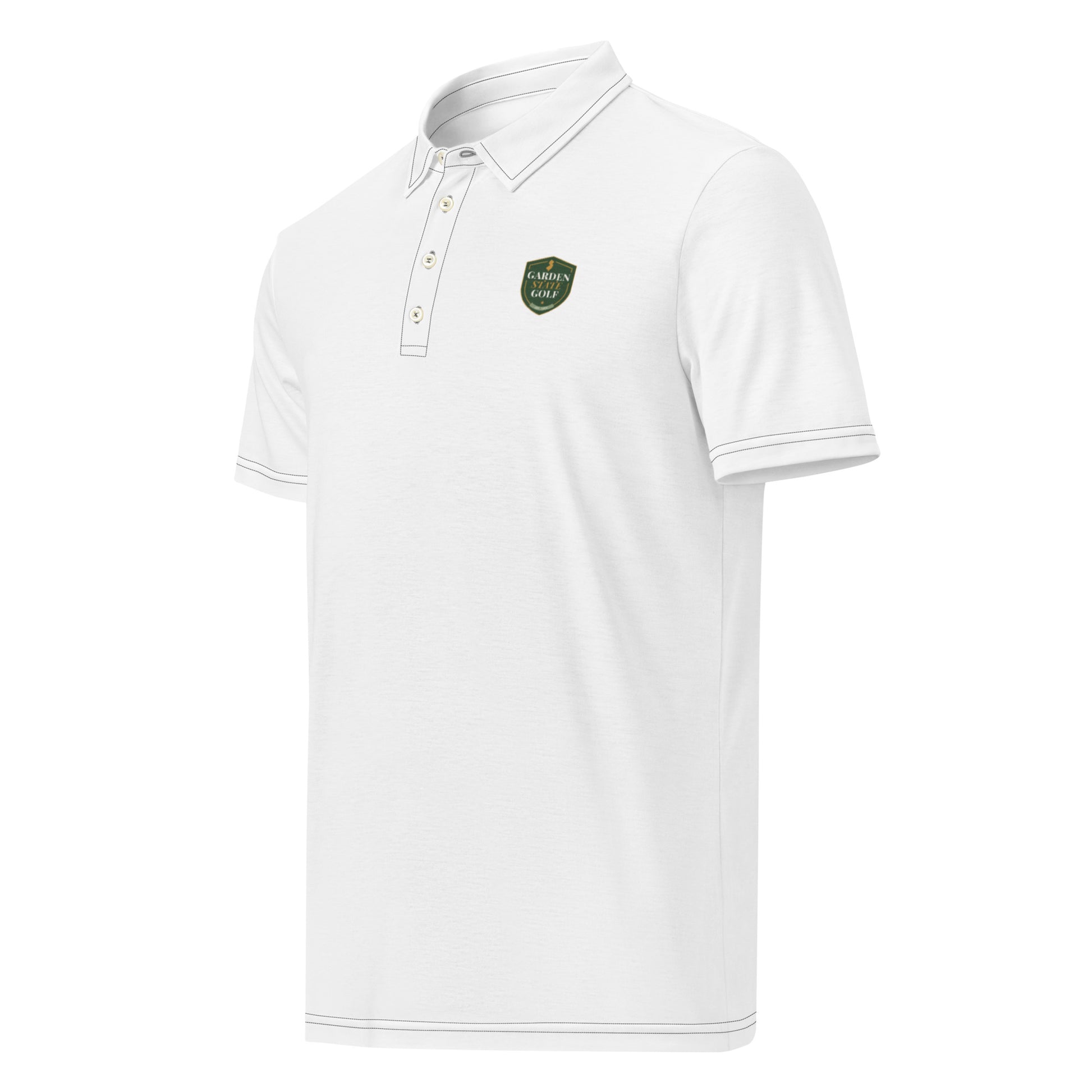 Garden State Golf Fairway Performance Polo in Black — front view showing polo collar and button placket