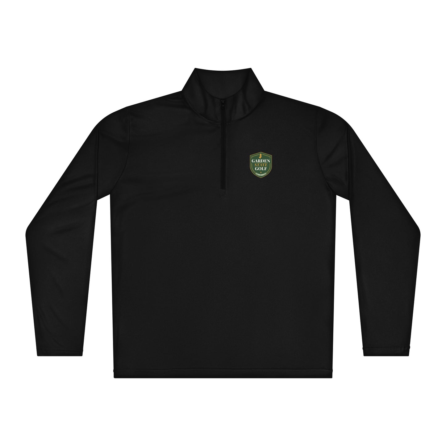 Garden State Golf Lightweight Quarter-Zip Pullover in Black — front view showing cadet collar and zipper