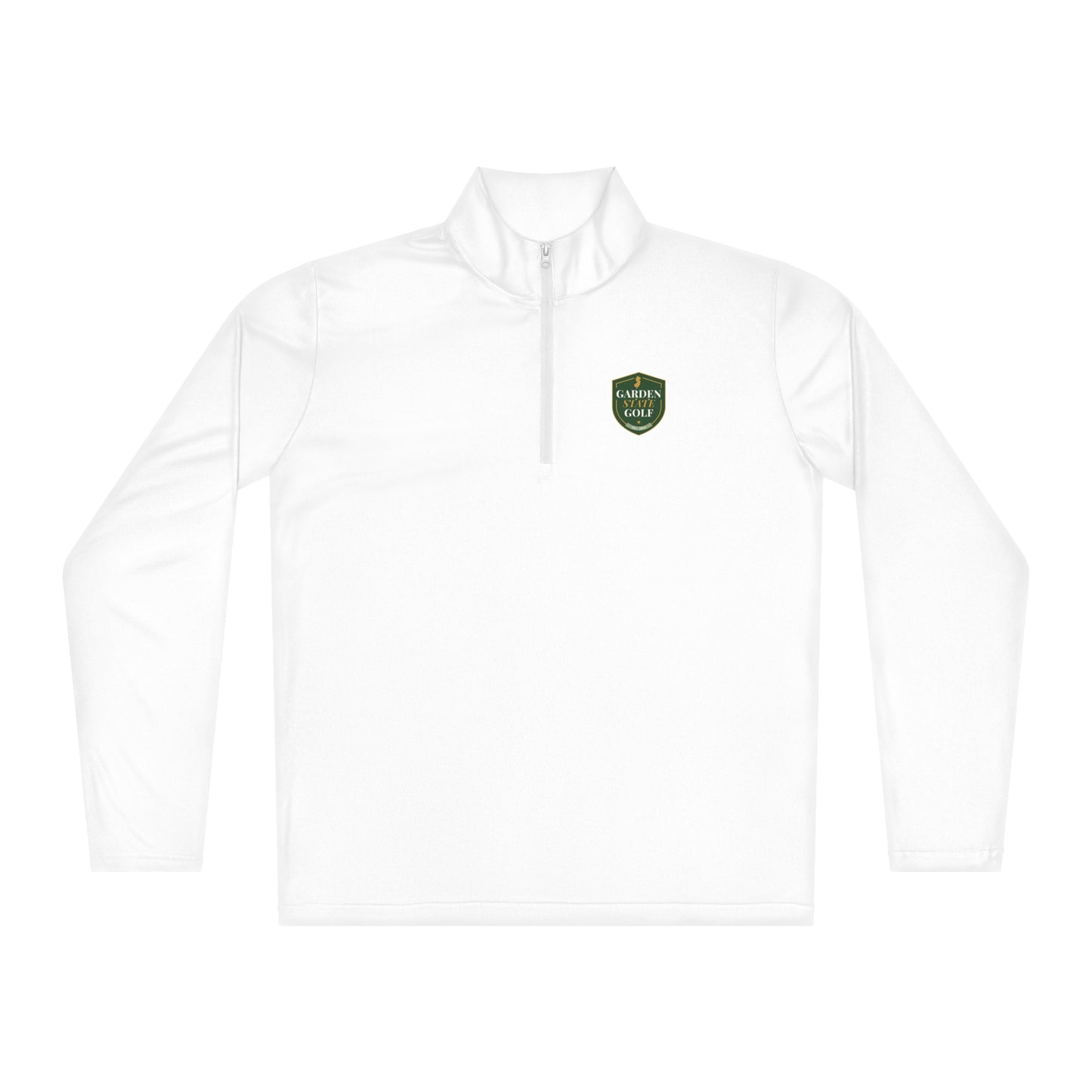 Garden State Golf Lightweight Quarter-Zip Pullover in White — front view showing cadet collar and zipper
