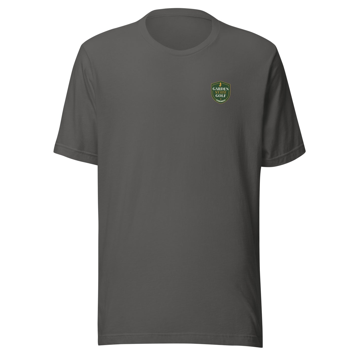 Garden State Golf Classic Tee in Asphalt — front view with GSG emblem printed on chest