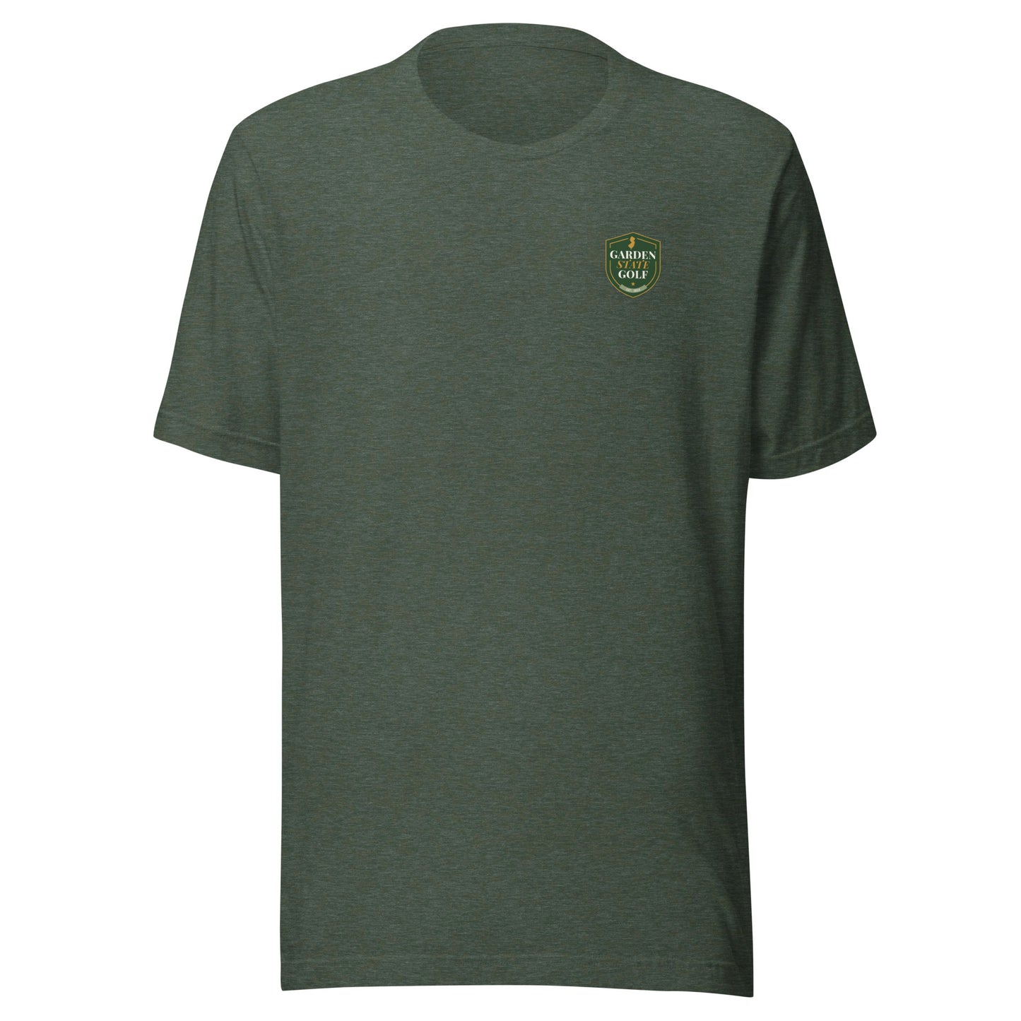 Garden State Golf Classic Tee in Heather Forest — front view with GSG emblem printed on chest